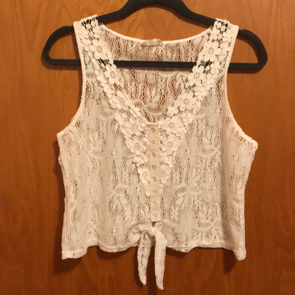 Crystal K Cream Lace Tank Top Crop Top with Tie
